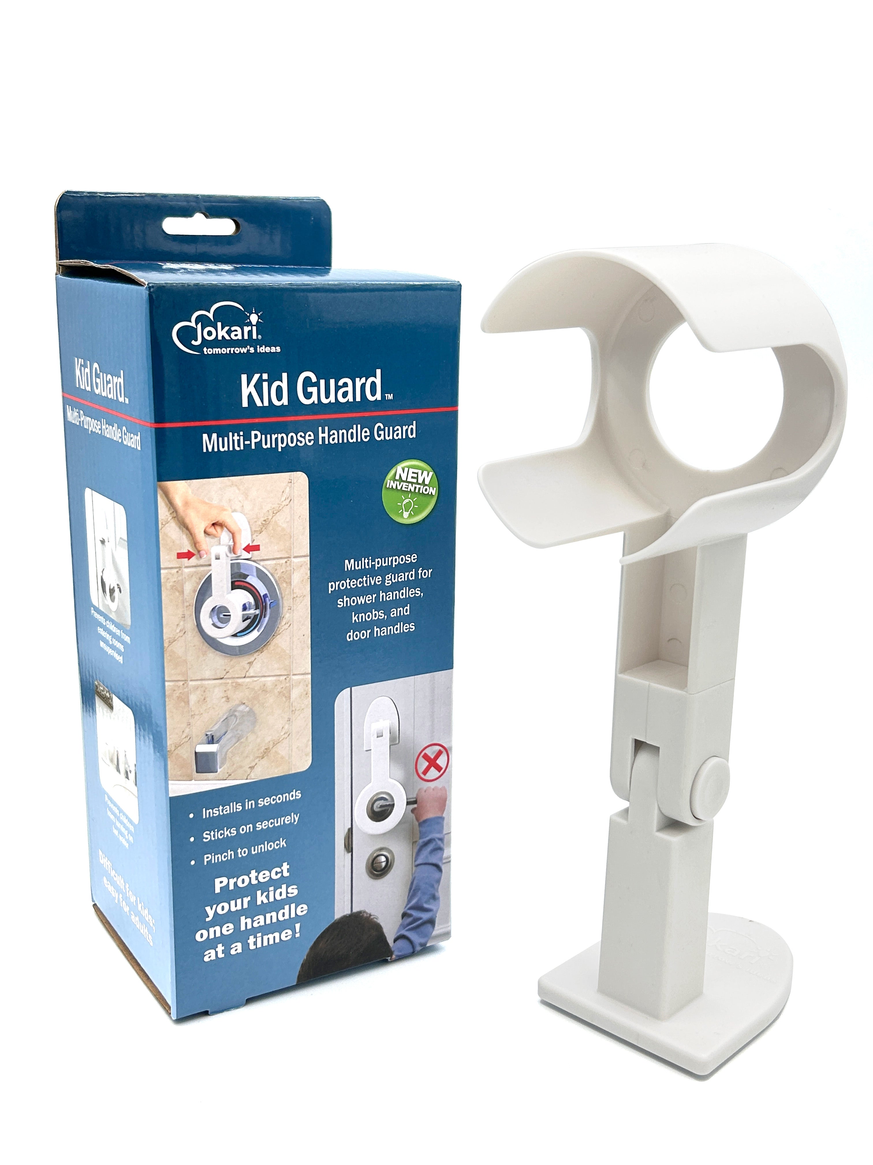The Jokari "Kid Guard" next to its packaging. The Kid Guard is white, with a joint that lets the arm rotate and lock over knobs and handles. It's a multi-purpose handle guard/lever lock.
